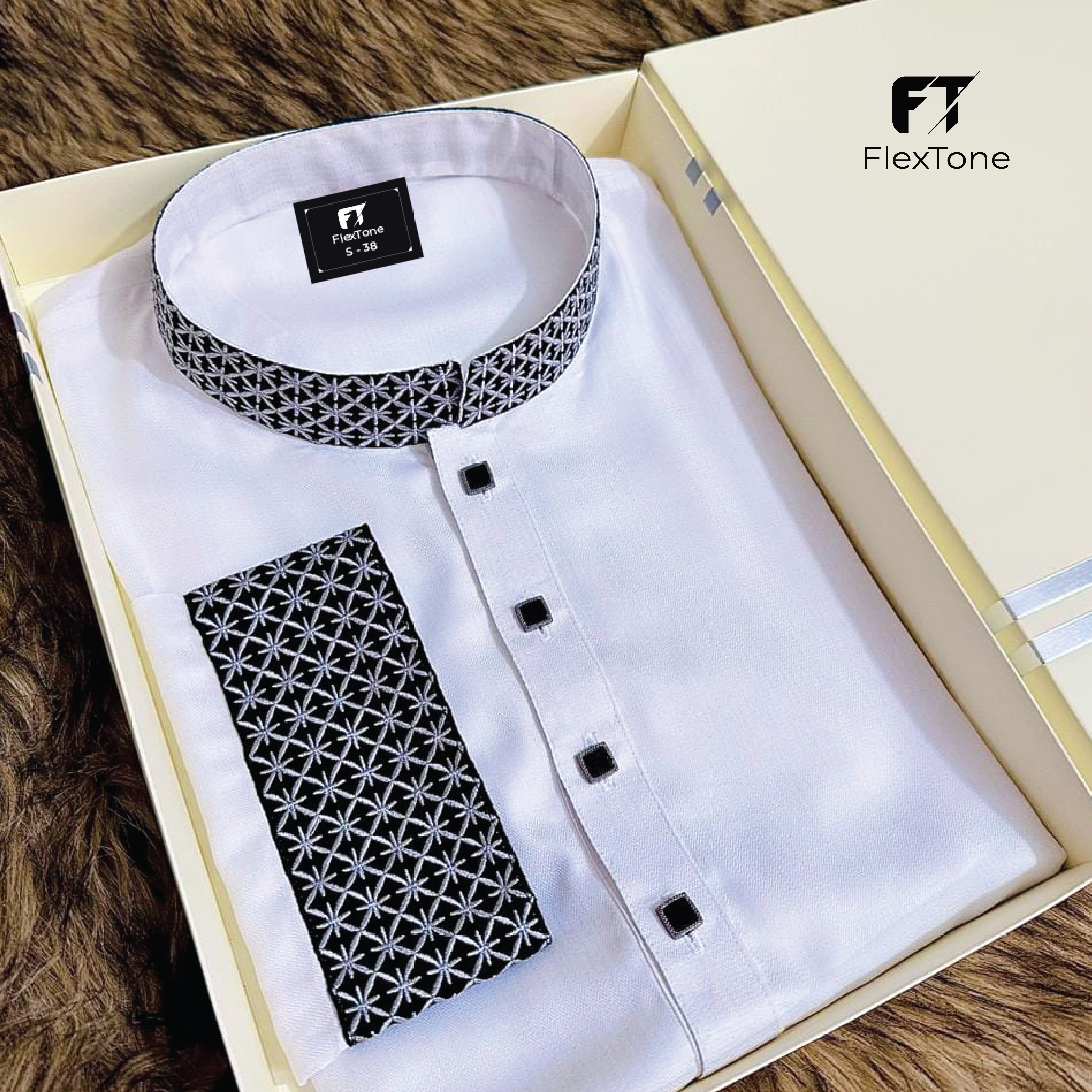 FlexTone Premium Quality Embroidery Panjabi/ Color - White